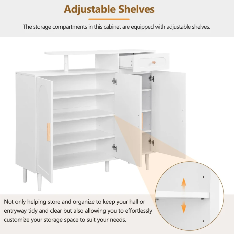 Elegant Shoe Cabinet with Arched Doors and Drawer, Adjustable Shelves, Solid Wood Legs, 47.5" L x 14.5" W x 43.5" H, White