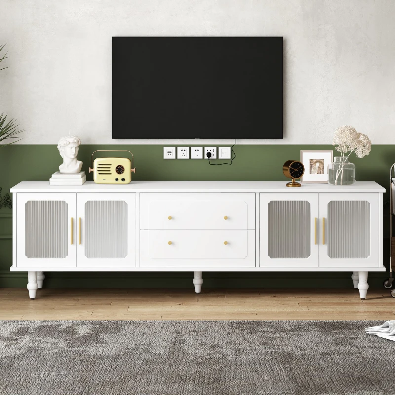 Vinsetto Retro Design TV Stand with Fluted Glass Doors, 2 Drawers and Cabinets, Fits TVs Up to 78", 70" L x 16" W x 22" H, White