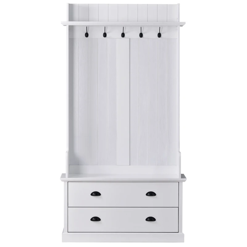Vinsetto Vintage Style Hallway Coat Rack with 5 Metal Hooks and 2 Large Drawers, MDF Veneer, 38.5" Wide, White