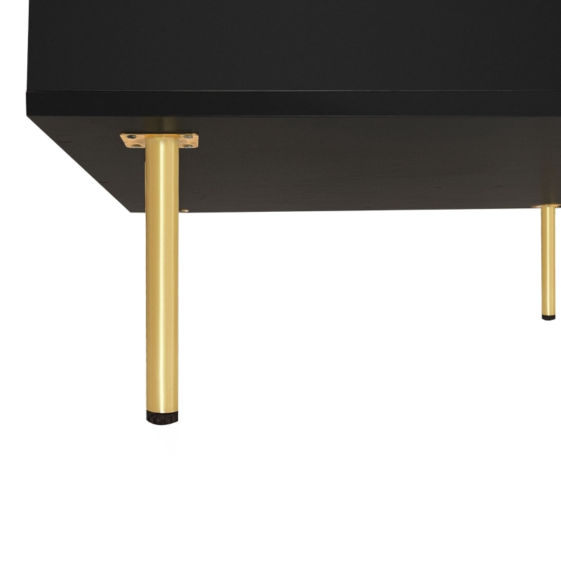Exquisite High Gloss Coffee Table with 4 Golden Legs, 2 Small Drawers, and 2-Tier Square Center Table for Living Room, Black