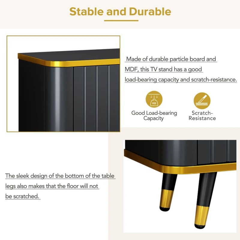 Luxury Minimalism TV Stand with Open Storage Shelf for TVs Up to 85", Entertainment Center with Cabinets and Drawers, Gold+Black