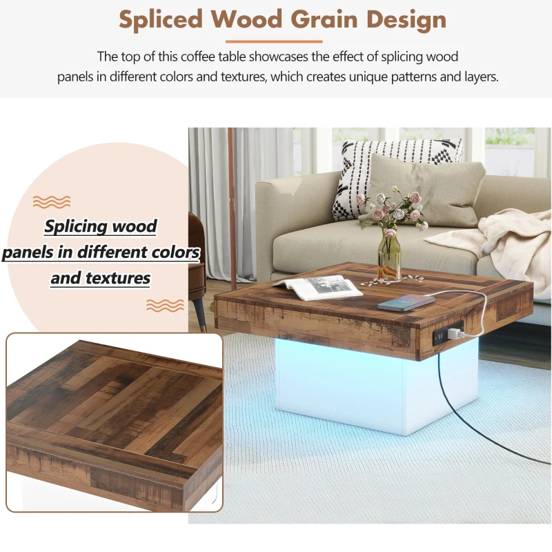 Farmhouse Wood Coffee Table with 2 USB Ports and Outlets, LED Light, Anti-Slip Foot Pads, Spliced Wood Grain, 31.5" L x 31.5" W x 16.5" H, White