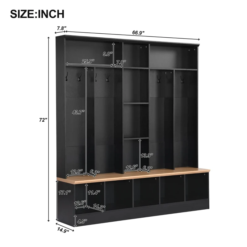 Vinsetto Wide Hall Tree with Storage Bench, Cube Storage, Shelves and 8 Hooks, Multifunctional Coat Rack, Shoe Cabinet, 67" L x 15" W x 72" H, Black