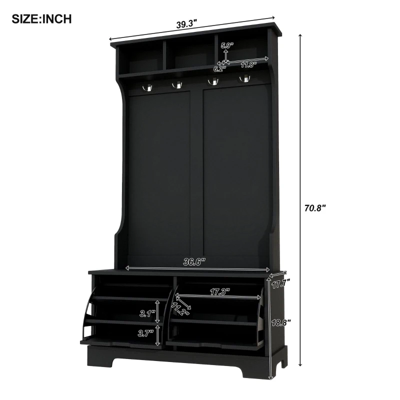 Vinsetto All in One Hall Tree with 3 Top Shelves and 2 Flip Shoe Storage Drawers, Wood Hallway Organizer with Metal Hanging Hooks, Black