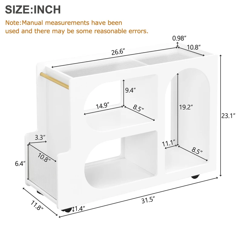 Mobile End Table with Lockable Wheels, Fluted Tempered Glass, Golden Round Rod, Side Table for Living room, 31.5" L x 12" W x 23" H, White