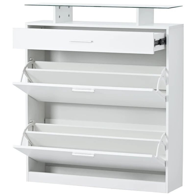 Shoe Cabinet with 2 Flip Drawers and Adjustable Shoe Storage, Tempered Glass Top, LED Light, 35" L x 9.5" W x 41" H, White