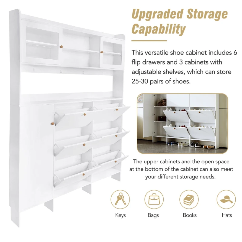 Multifunctional Shoe Cabinet with Storage Shelf, 6 Drawers, 4 Hooks and Tempered Glass Doors, Modern Hall Tree, 62" L x 7" W x 82" H, White