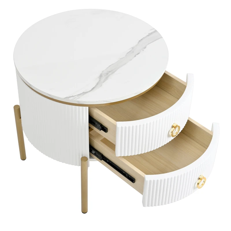Vinsetto Round End Table with Storage Drawers, Modern Coffee Table with Faux Marble Top, Metal Legs and Handles, White+Gold