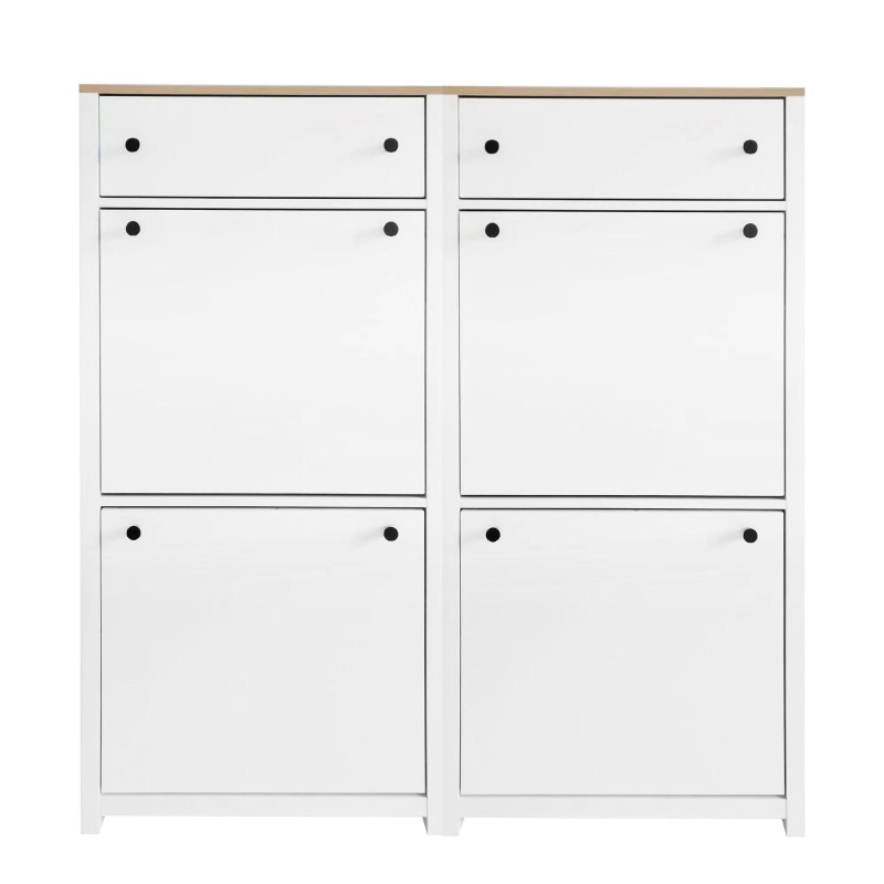 Modern Slim Shoe Cabinet Set with 4 Flip Drawers, Wood Grain Pattern Top, Adjustable Panels, Shoe Rack for Hallway, White