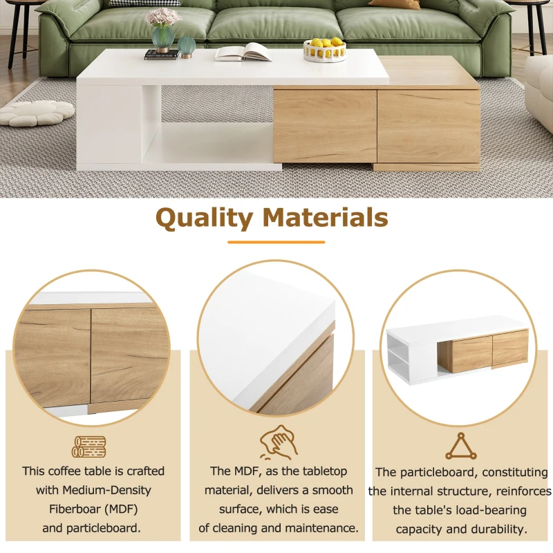 Vinsetto Extendable Coffee Table with 2 Storage Drawers, Dual-tone Wood Center Table with Sliding Tabletop, Multi-functional Hidden Storage, White