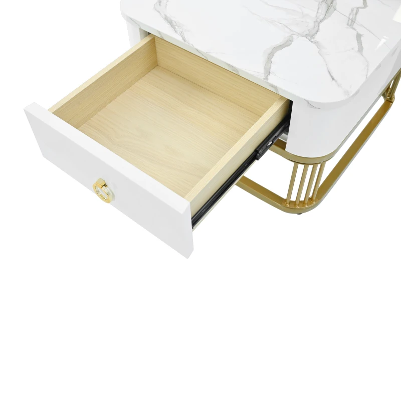 Nesting Coffee Table Set of 2 with Drawer, Square Stacking Tables with Tempered Glass and Marble Grain Tabletop for Living Room, White+Gold