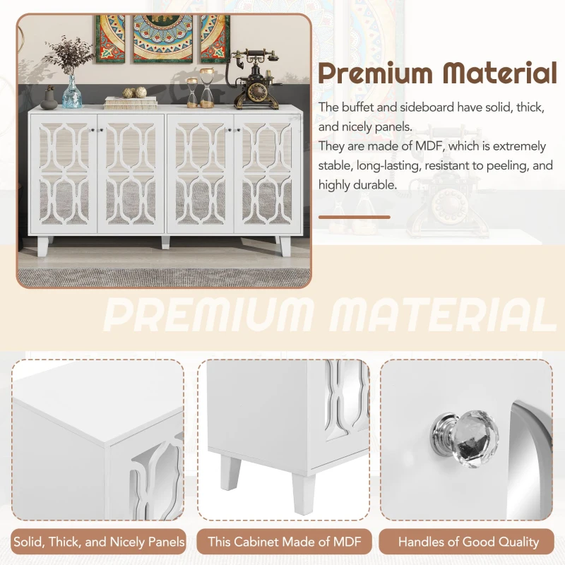 Vinsetto Side Cabinet with Adjustable Shelves, 4-Door Mirror Hollow-Carved TV Stand for TVs Up to 70", Multi-functional Console Table with Storage, White