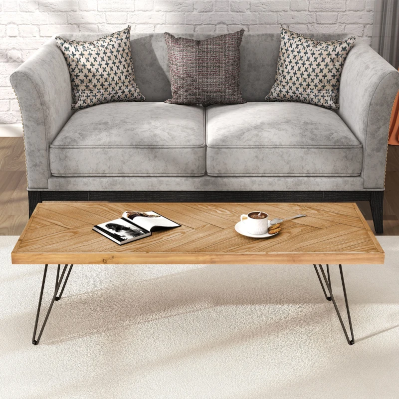 Rectangle Natural Wood Coffee Table with Metal Black Chevron Pattern Legs, Cocktail Table for Living Room, Easy Assembly, 43" L x 19.5" W x 18" H