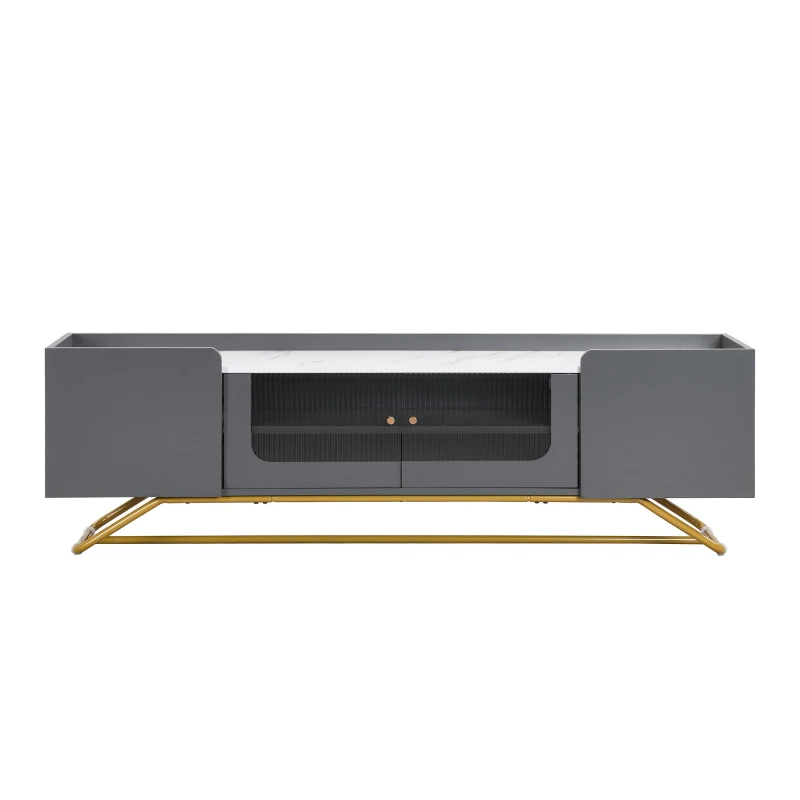 Vinsetto Sleek Design TV Stand with Fluted Glass, Faux Marble Top, Gold Frame Base, Fits TVs Up to 70", 63.5" L x 12.5" W x 19" H, Grey