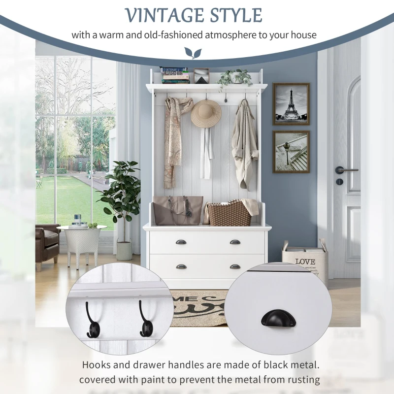 Vinsetto Vintage Style Hallway Coat Rack with 5 Metal Hooks and 2 Large Drawers, MDF Veneer, 38.5" Wide, White