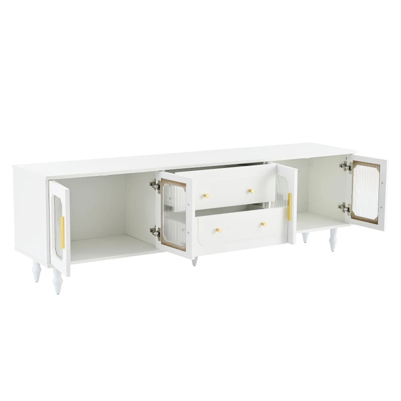 Vinsetto Retro Design TV Stand with Fluted Glass Doors, 2 Drawers and Cabinets, Fits TVs Up to 78", 70" L x 16" W x 22" H, White