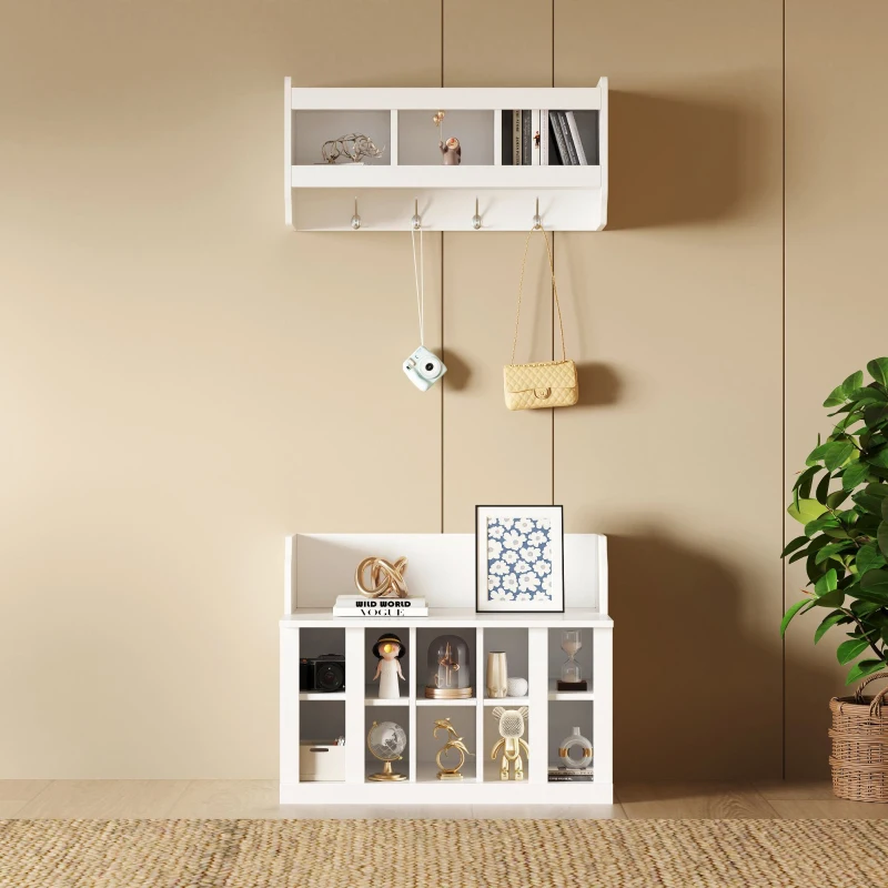 Shoe Cabinet Storage with Shelves and 4 Hooks, Elegant Hall Tree with Wall Mounted Coat Rack, Entryway Organizer for Hallway, Mudroom, White