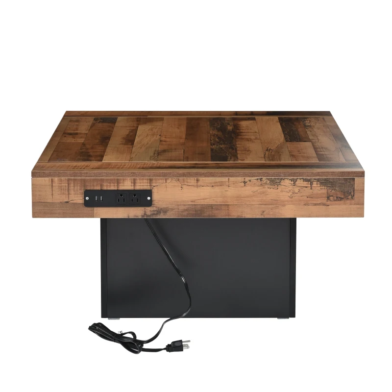 Farmhouse Wood Coffee Table with 2 USB Ports and Outlets, LED Light, Anti-Slip Foot Pads, Spliced Wood Grain, 31.5" L x 31.5" W x 16.5" H, Black