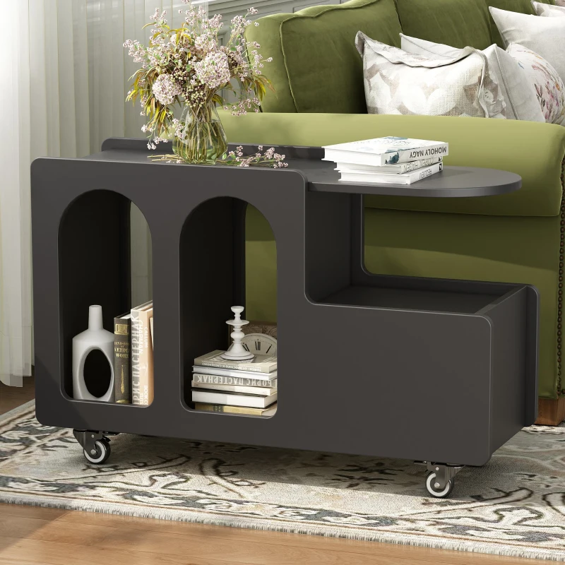 Mobile Multi-Layer Storage End Table with Lockable Wheels, Cream Style Side Table, 12" Narrow Nightstand, 31.5" L x 12" W x 21.5" H, Black