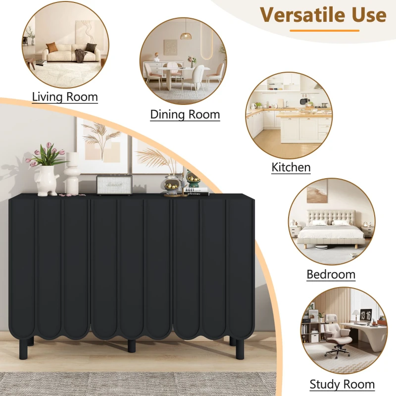 Minimalist Storage Shoe Cabinet with Adjustable Shelves, Solid Wood Legs, and Wave Doors, 47" L x 13.5" W x 31.5" H, Black