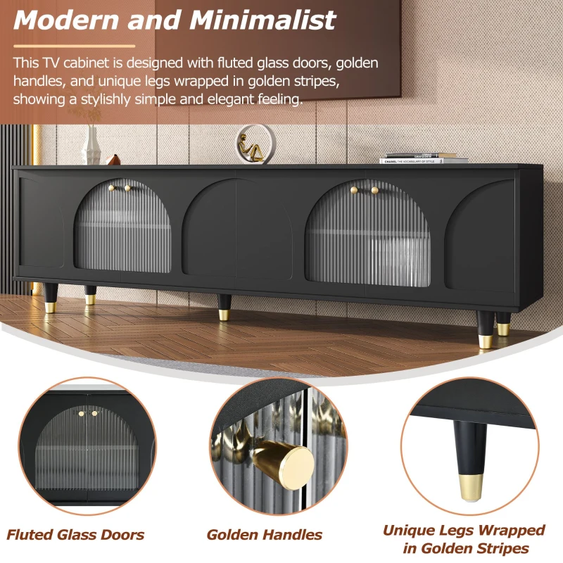 Contemporary TV Stand with Adjustable Shelves for TVs Up to 78", Media Console with Gold Handles and Fluted Glass Doors, Black