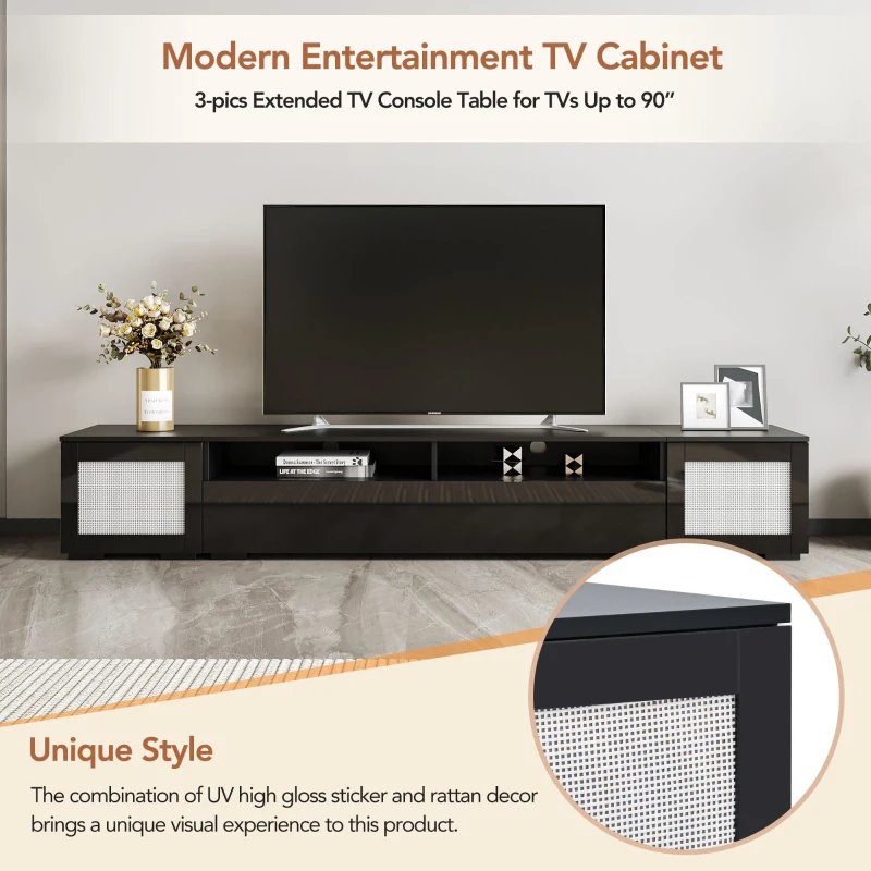 Vinsetto Modern TV Stand Fits TVs Up to 90" with Push to Open Doors, LED Lights, Rattan Style Entertainment Center, 82.5" L x 15.5" W x 14" H, Black
