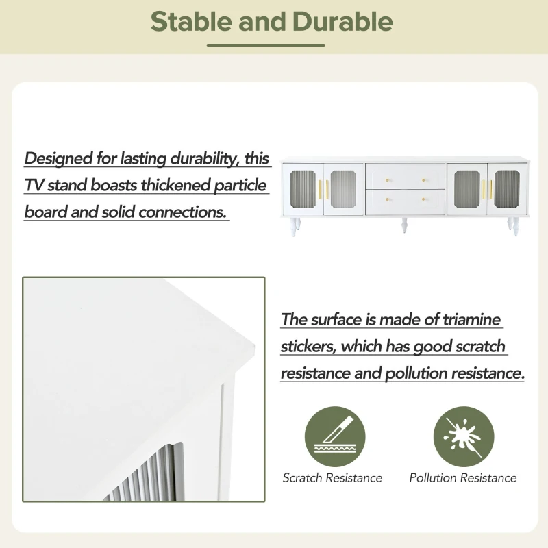 Vinsetto Retro Design TV Stand with Fluted Glass Doors, 2 Drawers and Cabinets, Fits TVs Up to 78", 70" L x 16" W x 22" H, White