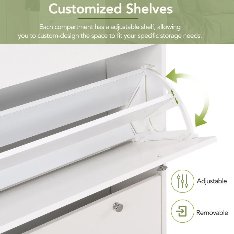 Vinsetto Narrow Design Shoe Cabinet with 3 Flip Drawers, Wood Grain Top, Adjustable Shelves, and 3 Hooks, 31.5" L x 9.5" W x 48" H, White