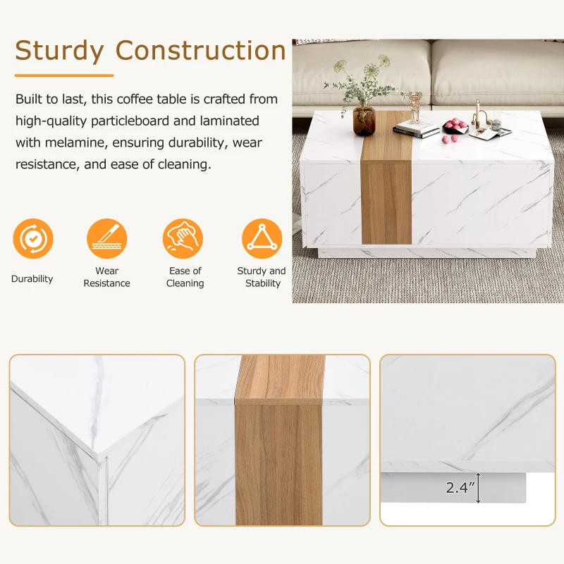 Vinsetto Modern Coffee Table with Faux Marble and Walnut Wood Grain Finish, Rectangular Center Table with 2 Storage Drawers, Space-Saving Design, White