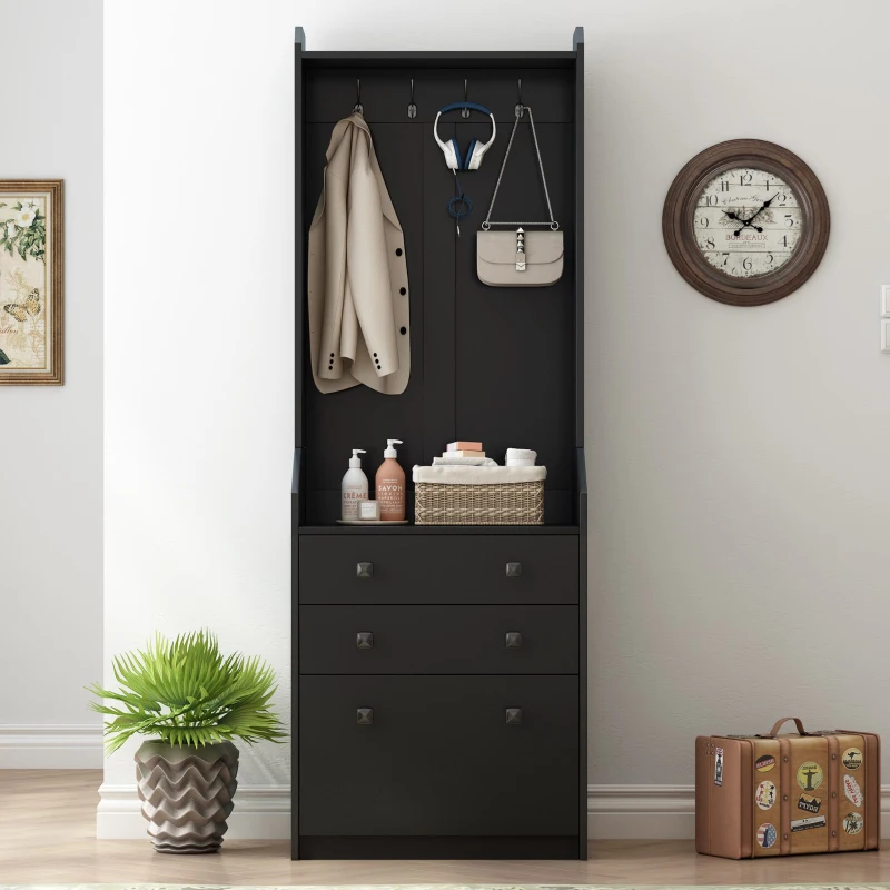 Vinsetto 27.5''W Narrow Hall Tree with Flip Drawer, Multi-functional Coat Rack with 4 Hanging Hooks & Adjustable Shoe Storage Cabinet for Hallway, Black