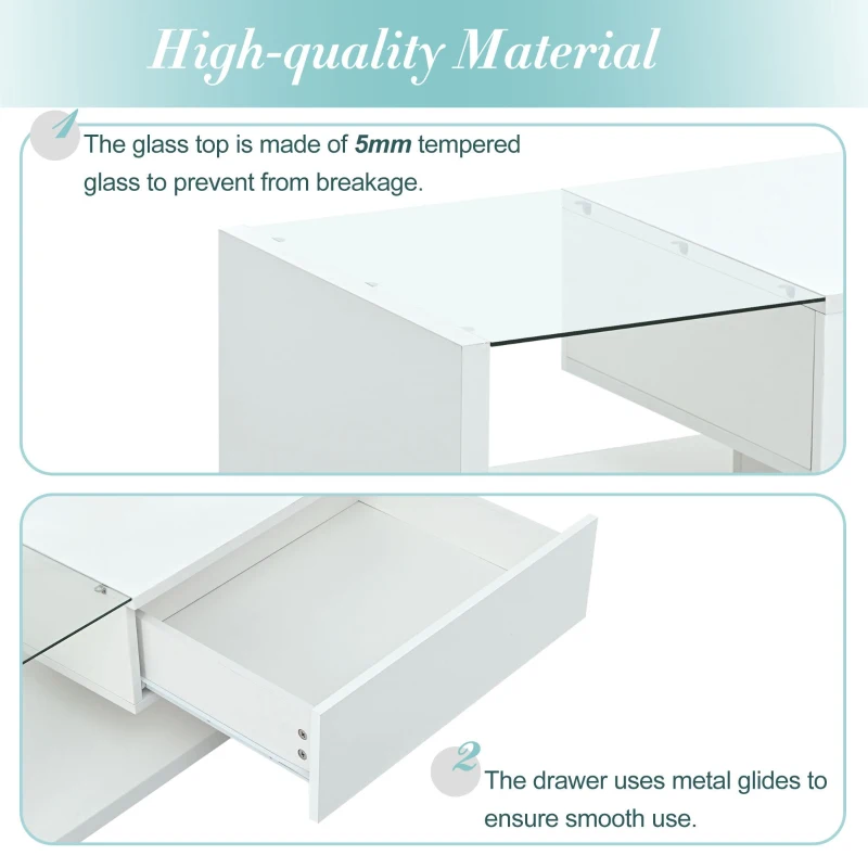 Modern Coffee Table with Tempered Glass, Wooden Cocktail Table with High-Gloss UV Surface, 2-Tier Rectangle Center Table for Living Room, White