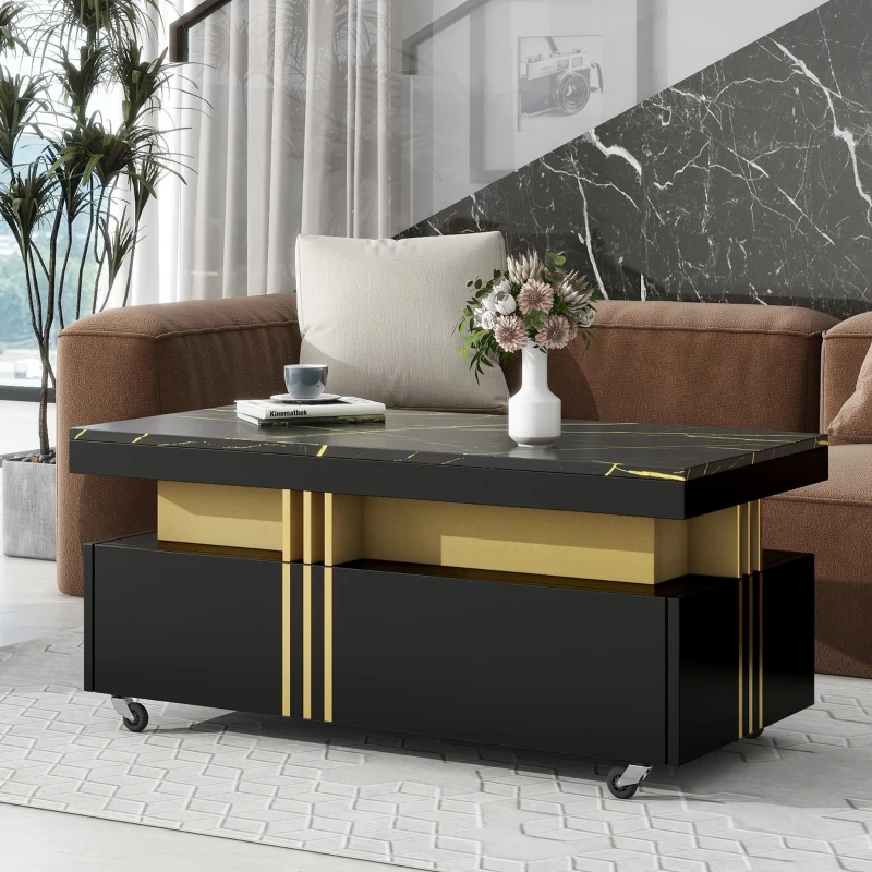 Vinsetto Contemporary Coffee Table with Faux Marble Top, Rectangle Cocktail Table with Caster Wheels, Gold Metal Bars, 39.5" L x 20" W x 17.5" H, Black