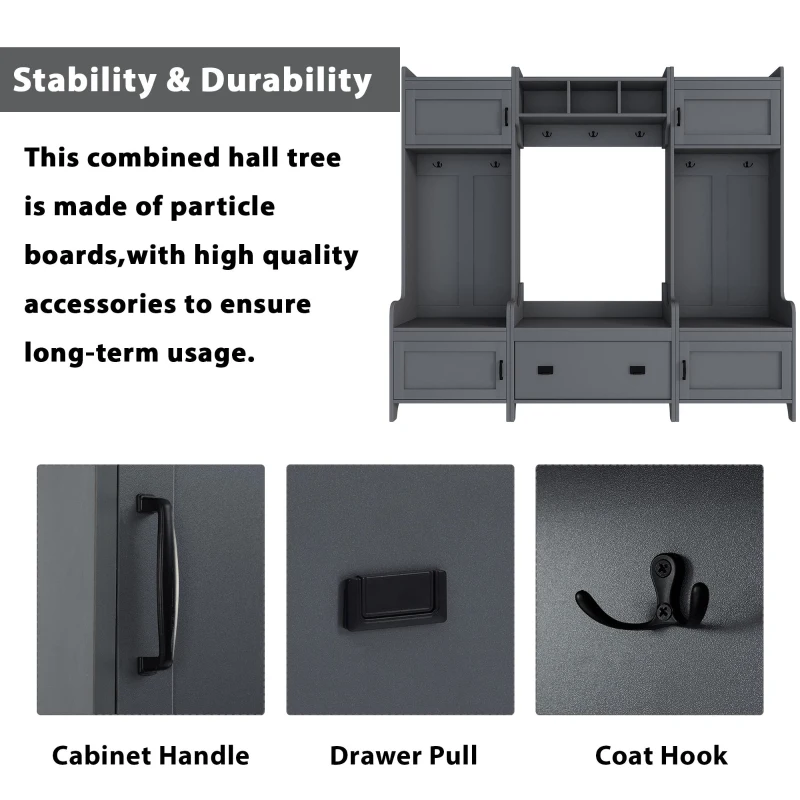Vinsetto Modern 4-in-1 Hall Tree with Coat Rack, Storage Bench, Entryway Shelf, 7 Metal Hooks, and 4 Cabinets, 78.5" L x 15" W x 72" H, Grey