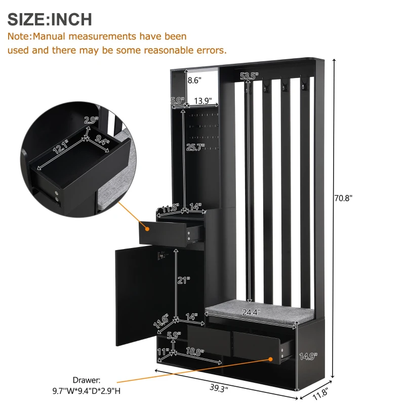 Contemporary Hall Tree with Cushioned Storage Bench, Multifunctional Coat Rack Stand, with Pegboard and 4 Hooks, 39.5" L x 12" W x 71" H, Black