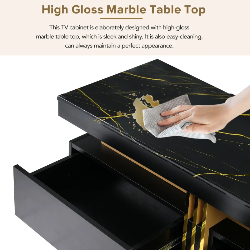 Vinsetto Luxury TV Stand with High Gloss Faux Marble Top for TVs Up to 78", Media Console with Golden Panel Design and 3 Drawers, Black+Gold