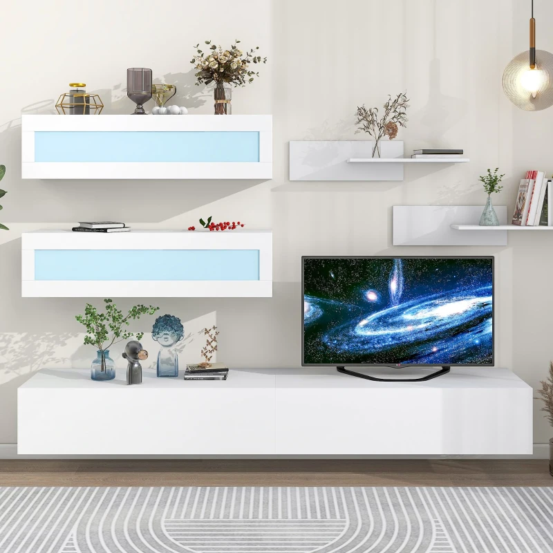 Vinsetto Wall Mount Floating TV Stand with 4 Media Storage Cabinets, 2 Shelves, and 16-Color RGB LED Lights for 95+" TV, White