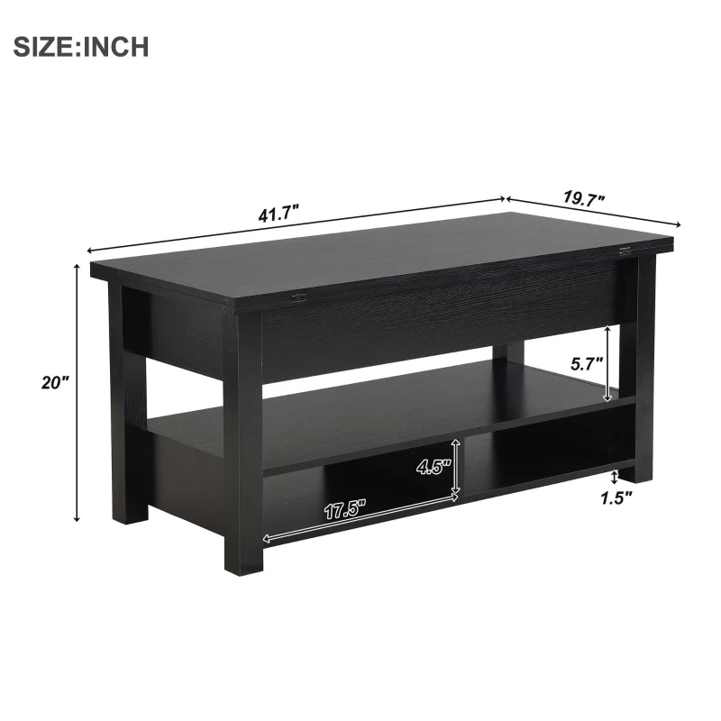 Vinsetto Lift Top Coffee Table with Multi-Functional Open Shelves, Modern Lift Tabletop Dining Table for Living Room, 42" L x 40" W x 25.5" H, Black