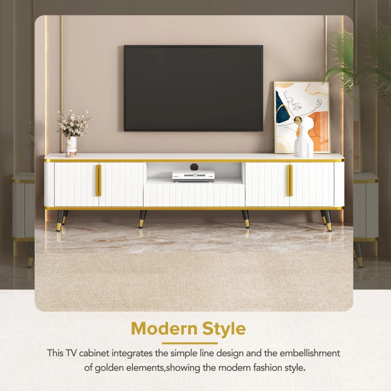 Luxury Minimalism TV Stand with Open Storage Shelf for TVs Up to 85", Entertainment Center with Cabinets and Drawers, White+Gold