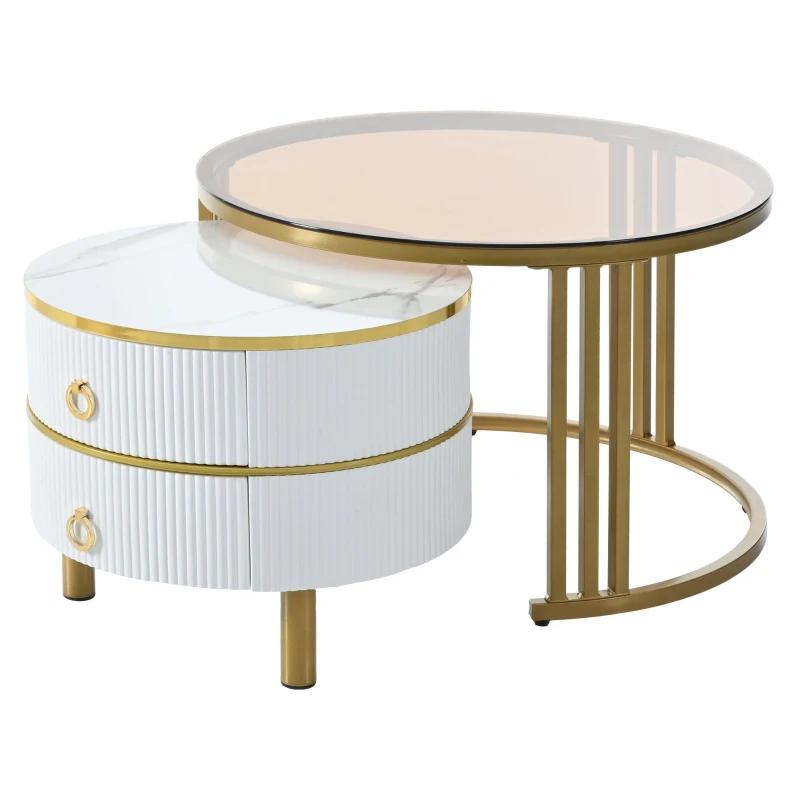 Stackable Coffee Table Set with 2 Drawers, Nesting Tables with Tempered Glass and High Gloss Marble Tabletop, Table for Living Room, Golden White