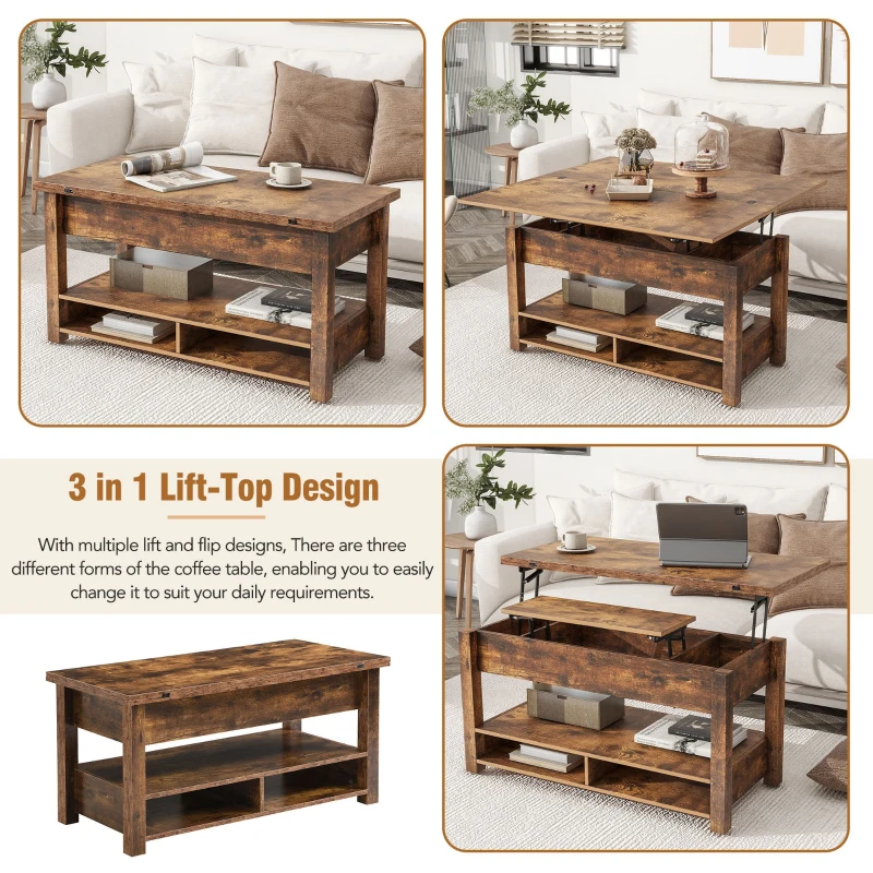 Lift Top Coffee Table with Multi-Functional Open Shelves, Modern Lift Tabletop Dining Table for Living Room, Home Office, Rustic Brown