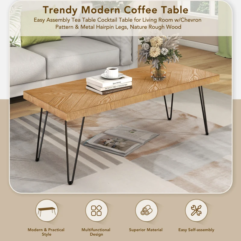 Modern Wood Coffee Table with Metal Chevron Pattern Legs, Cocktail Table for Living Room, Easy Assembly, 43" L x 19.5" W x 18" H, Natural