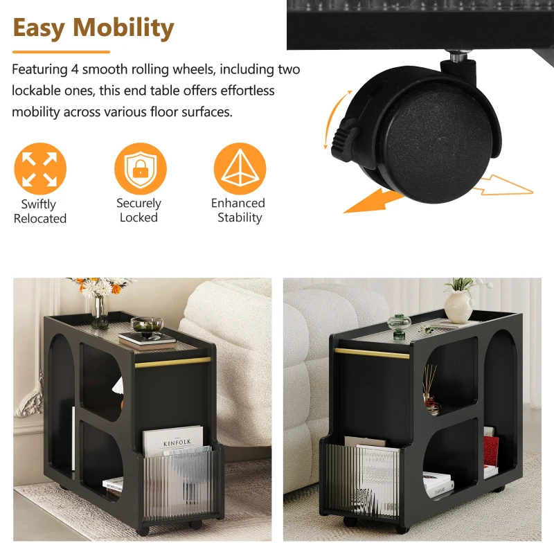 Mobile End Table with Lockable Wheels, Fluted Tempered Glass, Golden Round Rod, Side Table for Living room, 31.5" L x 12" W x 23" H, Black