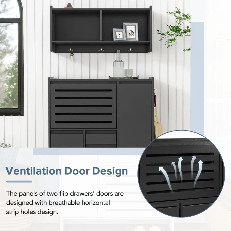 Vinsetto Multi-Functional Shoe Cabinet with Wall Cabinet, Space-Saving Design, 2 Flip Drawers, Versatile Side Cabinet for Hallway, Black