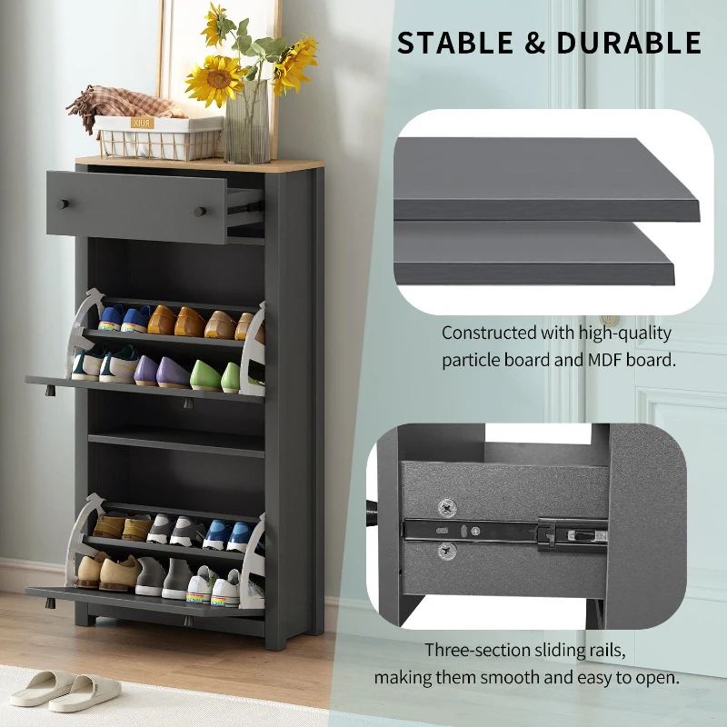 Functional Shoe Cabinet with 2 Flip Drawers, Wood Shoe Cabinet with Adjustable Panel, Freestanding Shoe Rack for Hallway, Gray