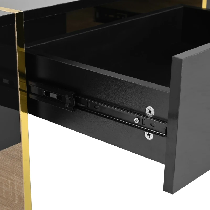 Minimalist High Gloss Coffee Table with 2 Drawers, Storage Rectangle Sofa Table, with Golden Wood Legs, 47" L x 31.5" W x 15.5" H, Black