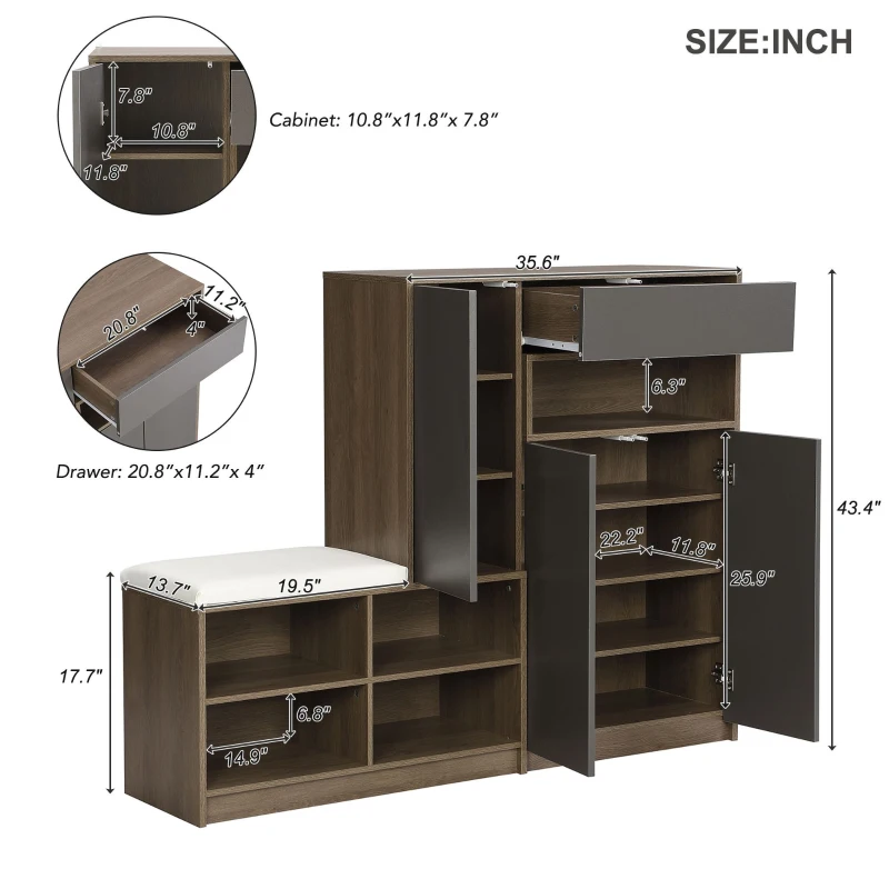 2-in-1 Shoe Storage Bench & Cabinet, Multi-functional Shoe Rack with Padded Seat and Adjustable Shelves, 55.5" L x 14" W x 43.5" H, Dark Gray