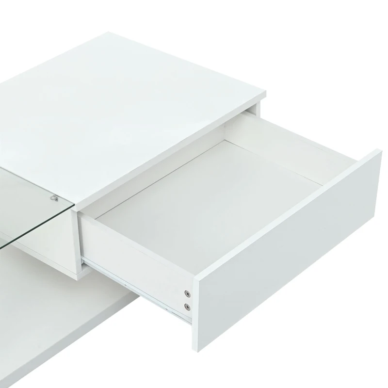 Modern Coffee Table with Tempered Glass, Wooden Cocktail Table with High-Gloss UV Surface, 2-Tier Rectangle Center Table for Living Room, White