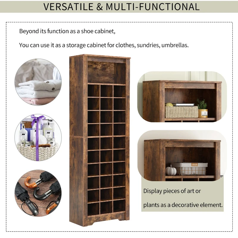 Contemporary Shoe Cabinet with 30 Cubbies, Free Standing Tall Storage Cabinet for Hallway or Bedroom, 24.5" L x 13" W x 74" H, Rustic Brown