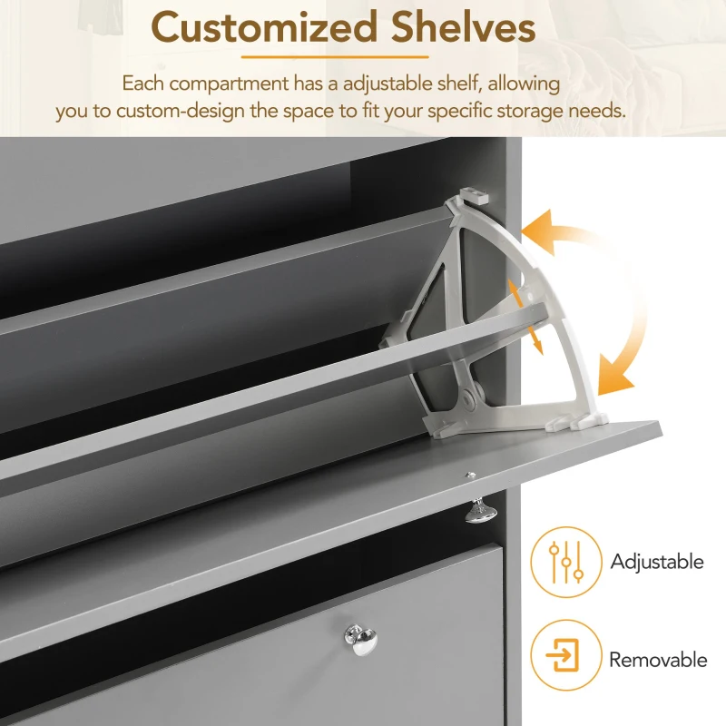 Vinsetto Narrow Design Shoe Cabinet with 3 Flip Drawers, Wood Grain Top, Adjustable Shelves, and Hooks, 31.5" L x 9.5" W x 48" H, Grey