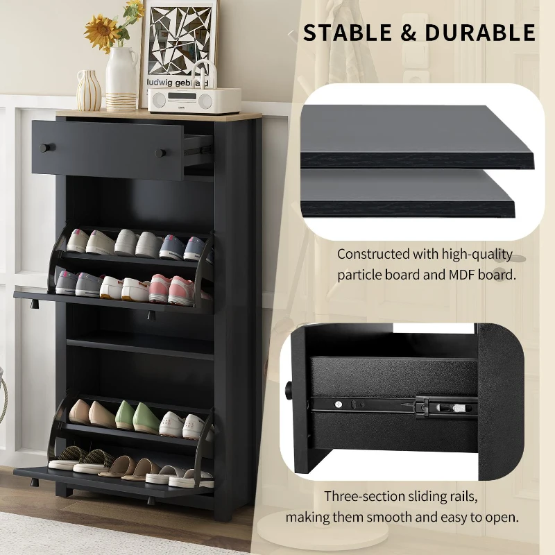 Vinsetto Functional Shoe Cabinet with 2 Flip Drawers, Wood Grain Top, Adjustable Shoe Rack, Free Standing Shoe Cabinet, 24" L x 9.5" W x 47.5" H, Black